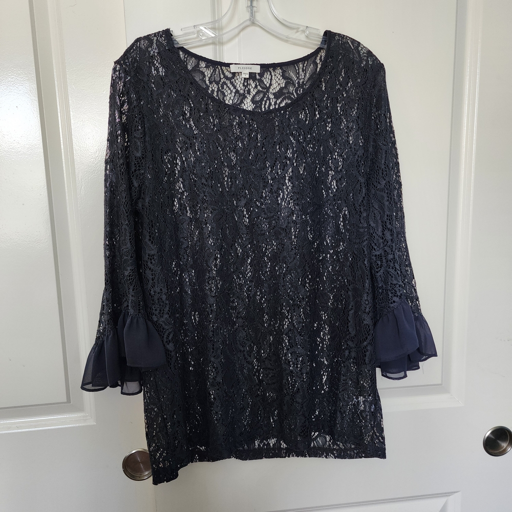 Pleione Dark Blue Lace Blouse with Ruffle Flared Sleeves